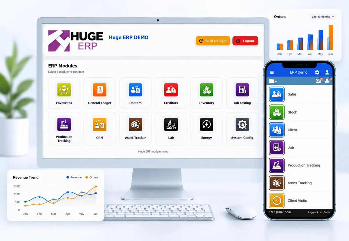 Huge ERP module menu on desktop alongside the ERP mobile app, with illustrative sales and revenue graphs