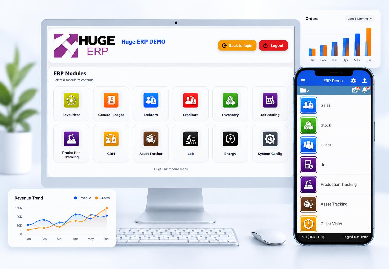 Huge ERP module menu on desktop alongside the ERP mobile app, with illustrative sales and revenue graphs