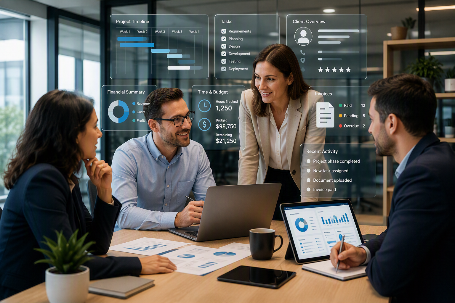 Business meeting with four professionals discussing data and project updates, with digital dashboards and charts projected in a glass wall in a modern office.