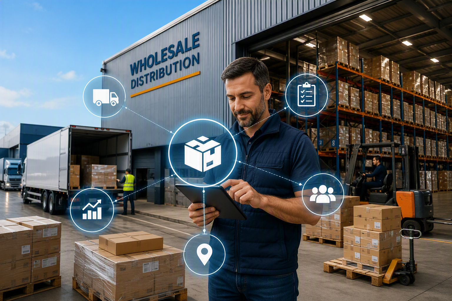 A man using a tablet in a warehouse with boxes and pallets, with icons overlayed indicating logistics, inventory, and tracking.