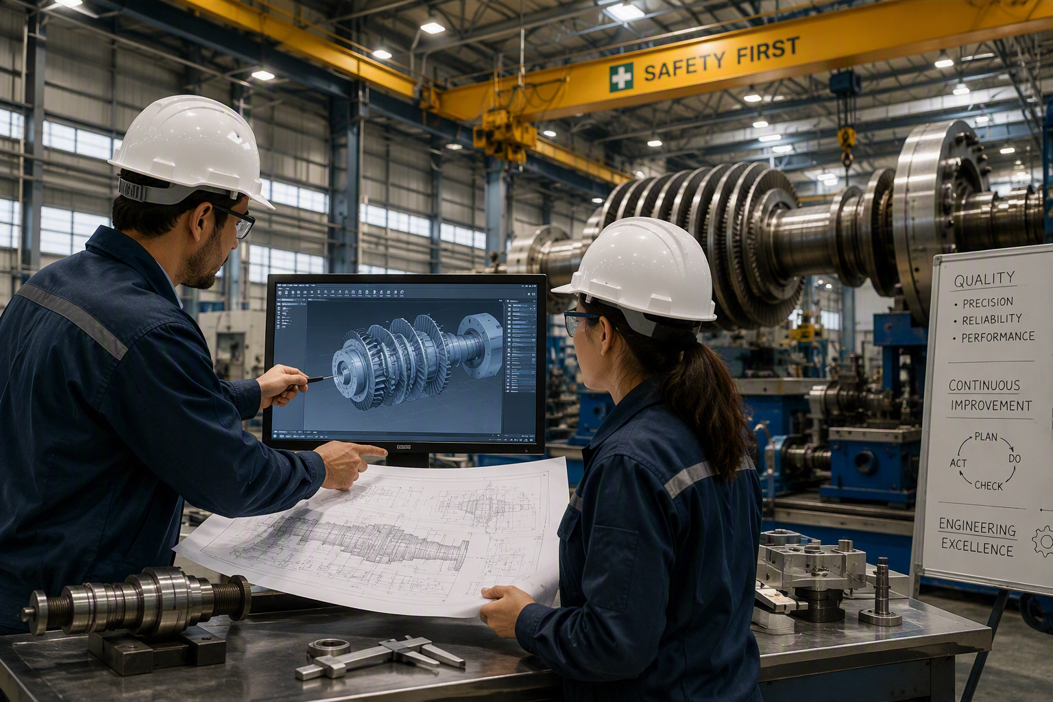 Two engineers wearing safety helmets in an industrial setting, reviewing a technical 3D rendering of a large mechanical component on a computer monitor, with a blueprint on the table and a large engine part in the background.