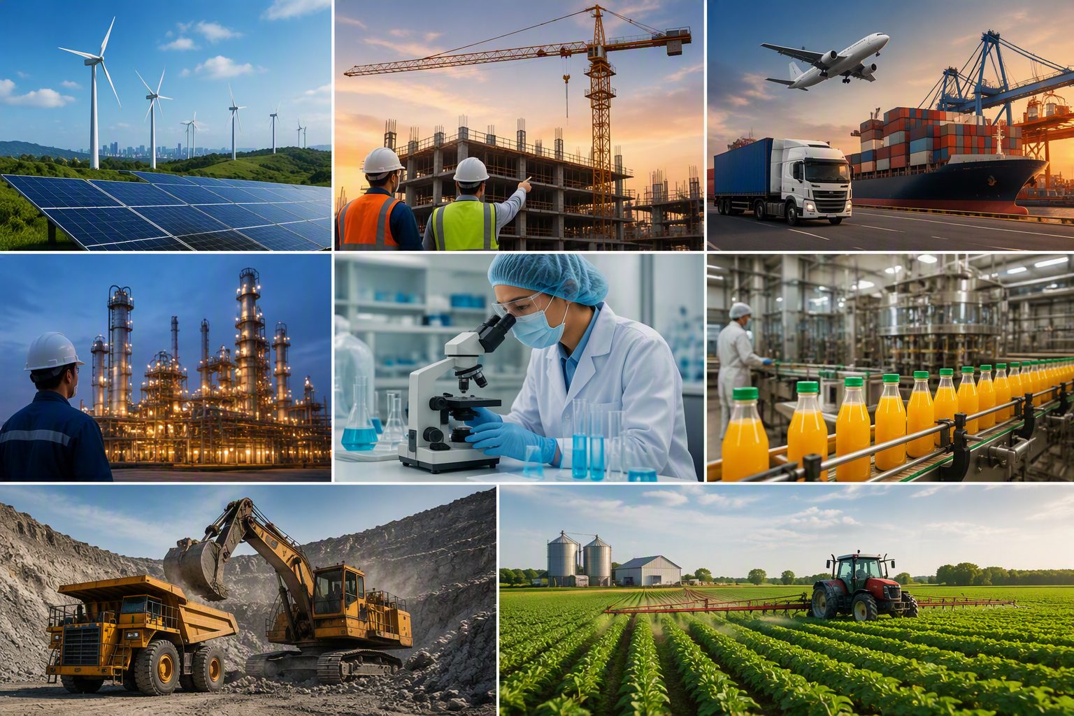 Collage of images depicting renewable energy sources, construction sites, transportation, industrial processes, scientific research and agriculture including wind turbines, solar panels, construction workers, shipping port with cargo ship, oil refinery, laboratory scientist working with microscope, beverage production line, mining equipment, and tractor in a field.