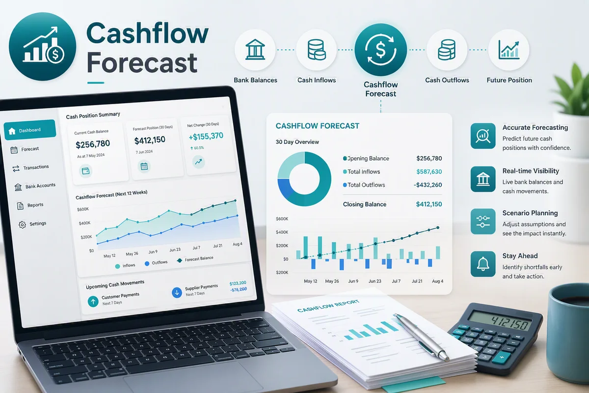 Illustrative cashflow forecast with dashboard, charts and financial reports.