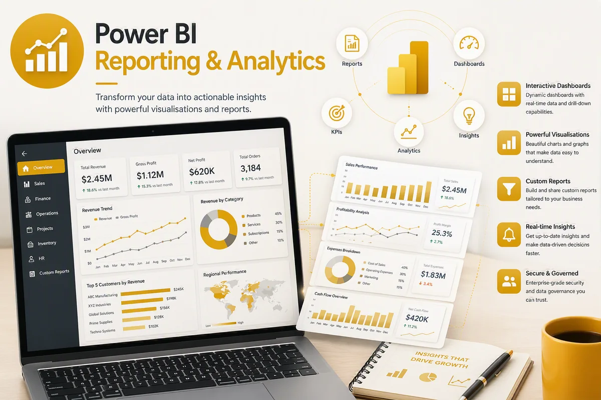 Illustrative Power BI reporting and analytics dashboard.