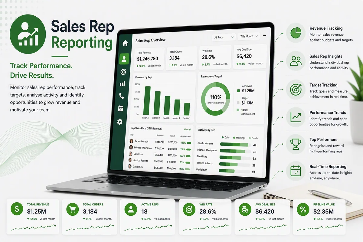 Illustrative sales representative reporting dashboard with performance charts.